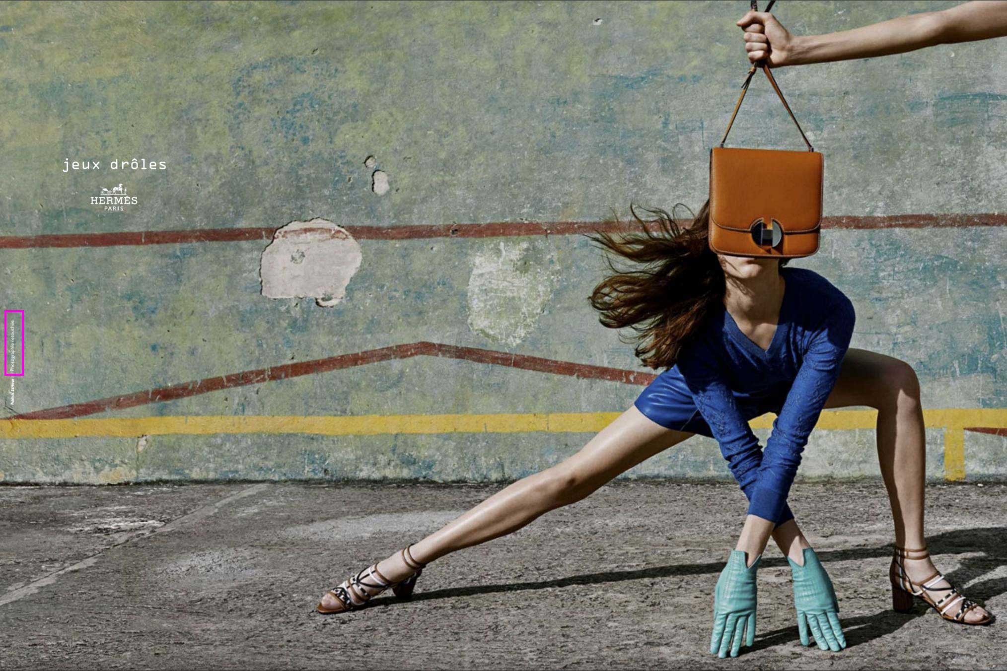 Magazine page with Photographie retouchée including model with clothing, handbag (Hermes)